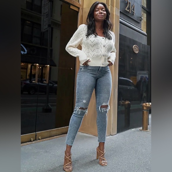 Express cozy glamorous open knit bling button puffy shoulder coquette sweater XS - Picture 6 of 14